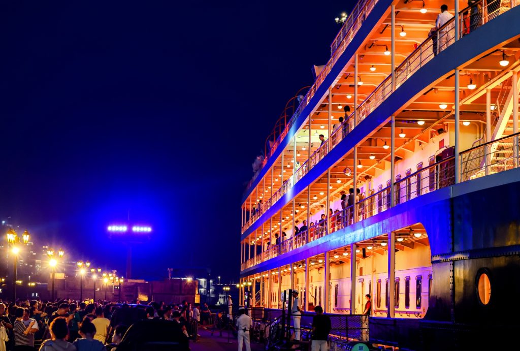 Boarding the Yangtze River cruise ship in the evening