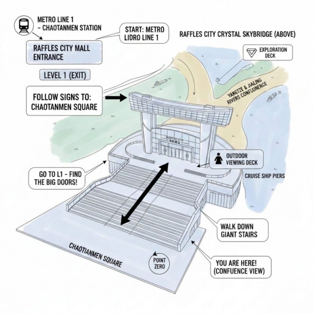 Map showing the route from Raffles City to Chaotianmen Square