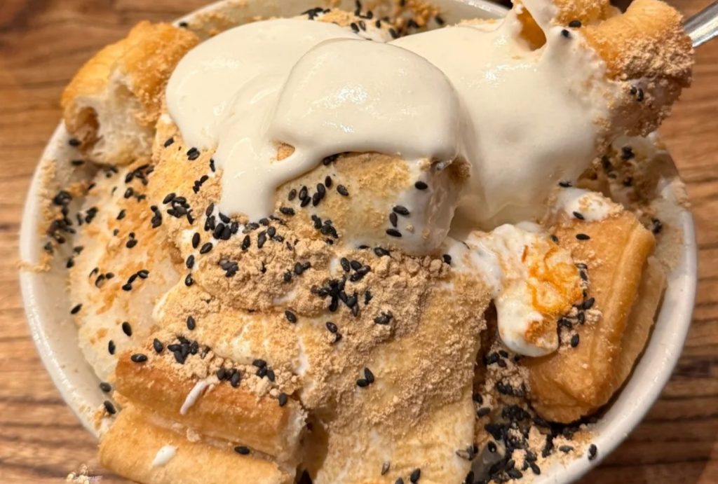 Fried dough sticks, soy milk, and shaved ice
