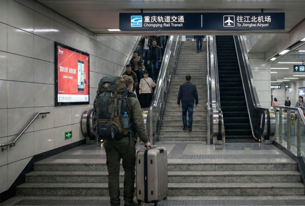 Traveler struggling with luggage at metro station