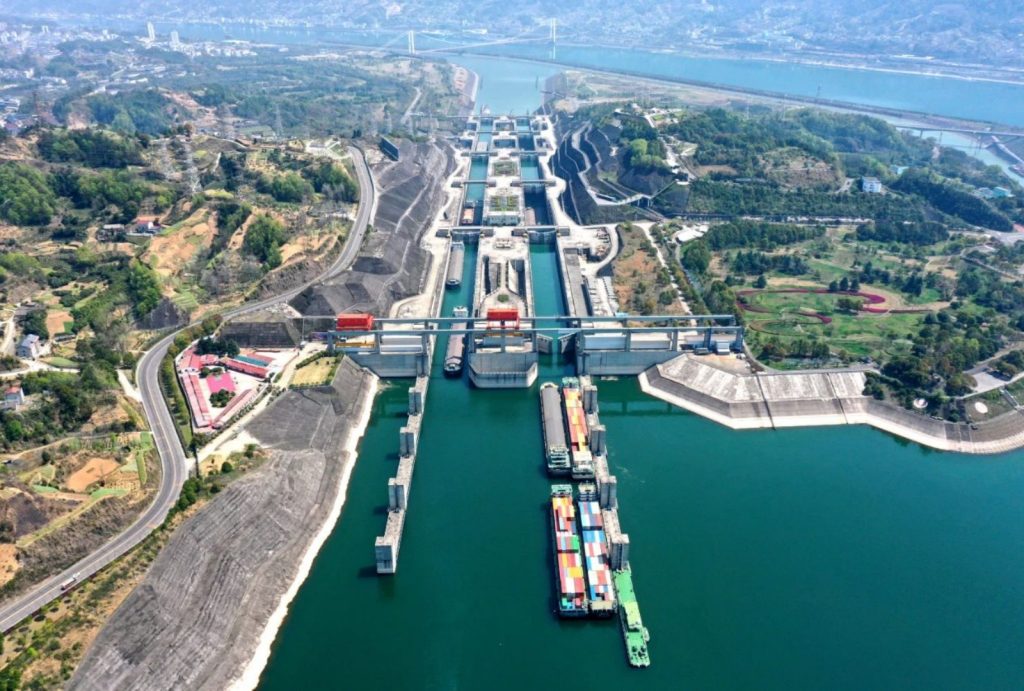 Aerial view of the Three Gorges Dam's five-step lock